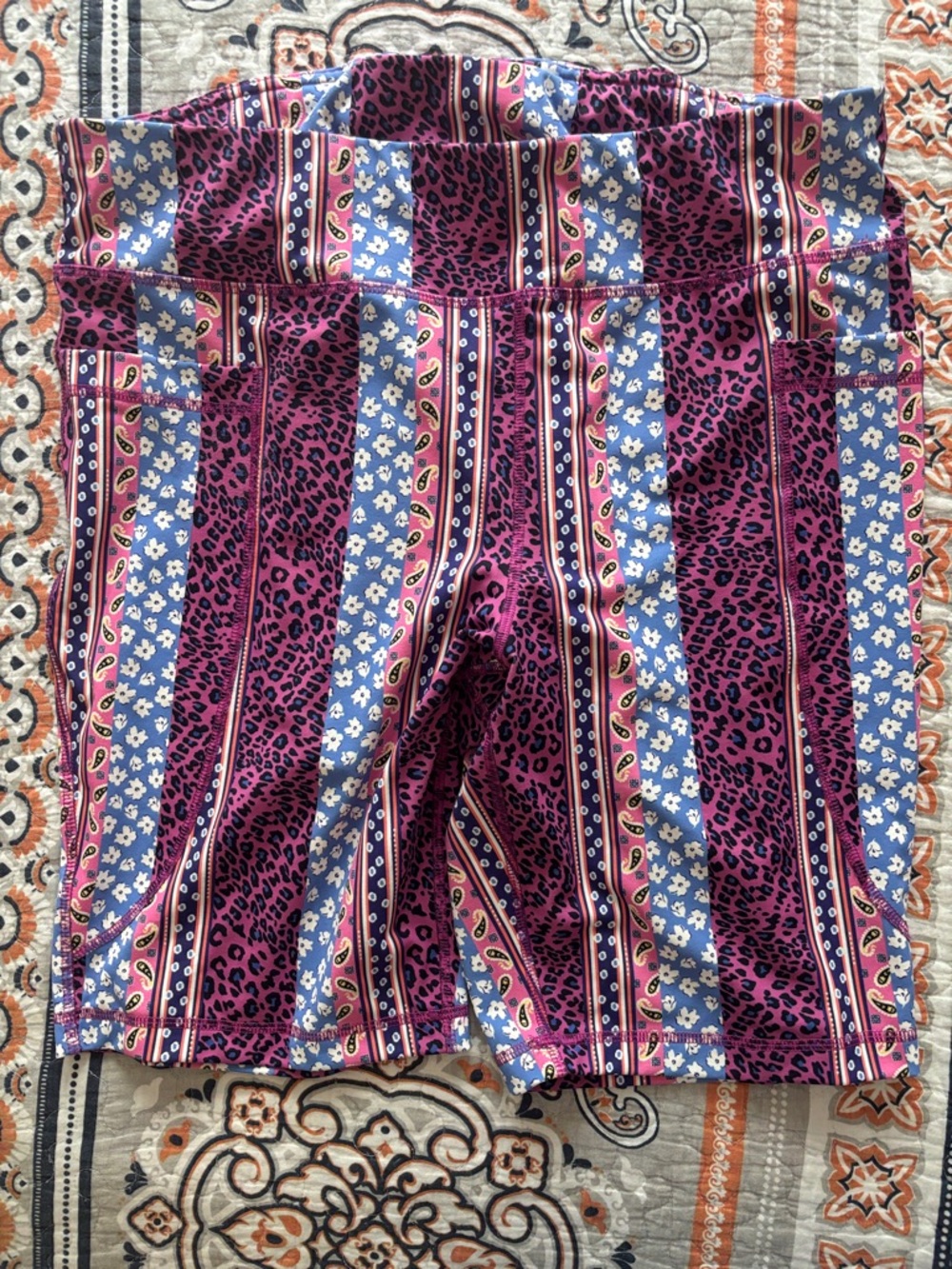 Vibrant Stripe & Leopard Print Bike Shorts